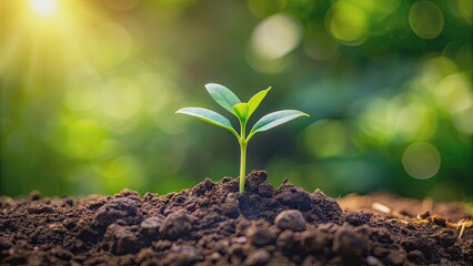 Young green plant emerging from fresh soil , growth, nature, botany, seedling, gardening, agriculture, sprout, leaves