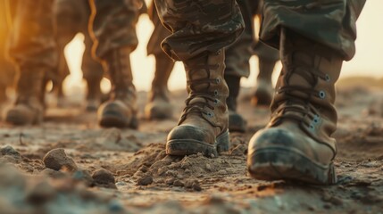 Soldiers marching in dirt field