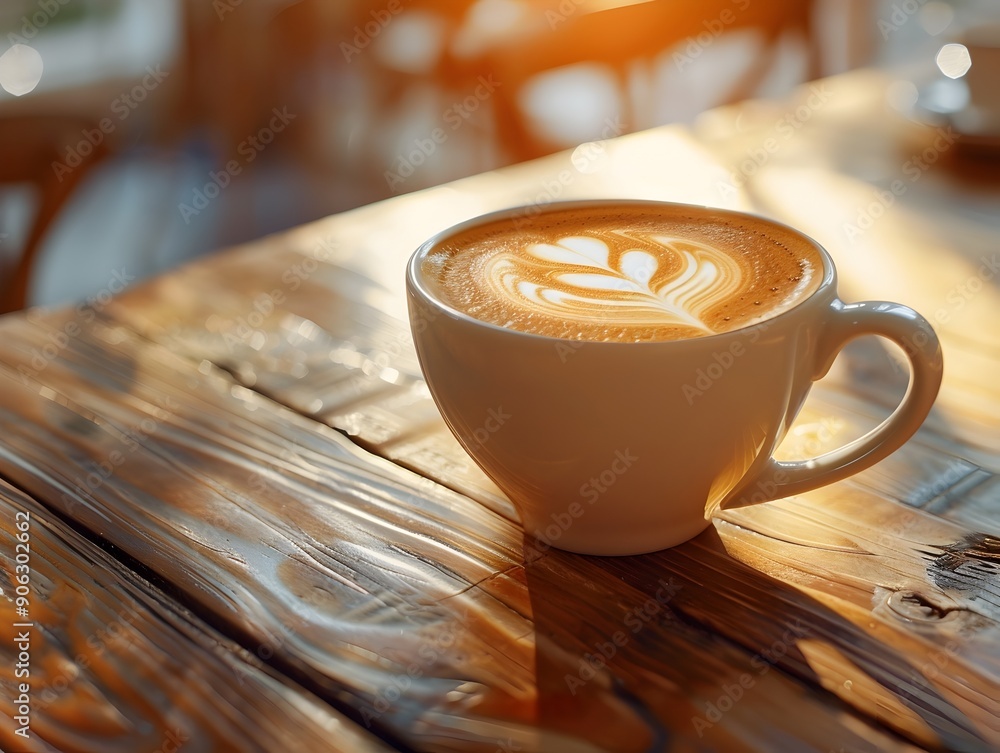 Sticker Steaming Cup of Cappuccino with Heart Shaped Latte Art on Caf Table