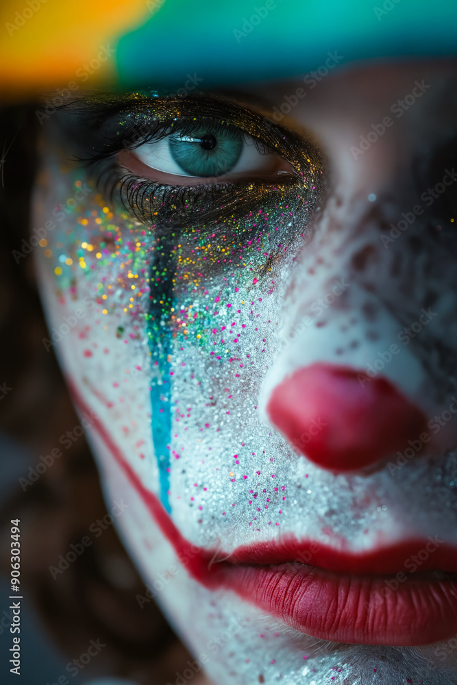 Poster a close up of a woman with a clown face paint on her face