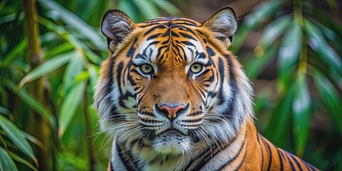 Obraz premium Close up of a beautiful tiger's head with striking stripes, expressing danger and aggression in the wild jungle, nature, jungle