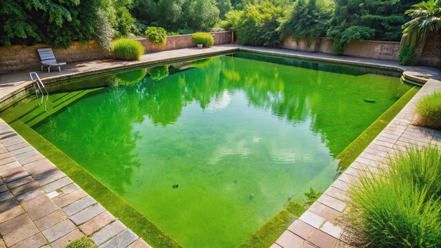 Green pool water with algae floating around, pool, water, algae, green, dirty, contaminated, swimming, unpleasant