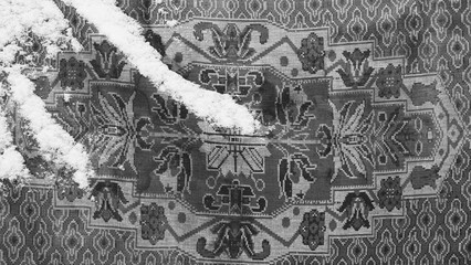 Vintage Carpet Wallpaper With Snow. Black and white Old Ornament. Retro Pattern Photo. Wide Banner