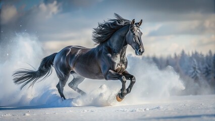 Mystic black horse galloping through snow, showcasing raw power and dark elegance in a serene, masculine atmosphere