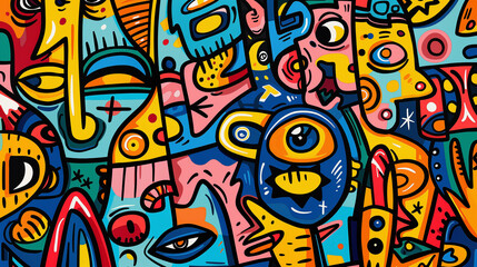 A colorful painting of various faces and objects