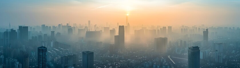 Obraz premium A stunning cityscape at sunrise, shrouded in mist, showcasing towering buildings and a golden horizon creating a tranquil atmosphere.