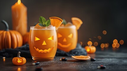 Adults celebrating Halloween with spooky decorations and drinks