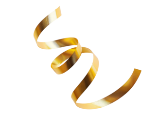 A thin curly gold ribbon for Christmas and birthday present banner isolated against a white background.