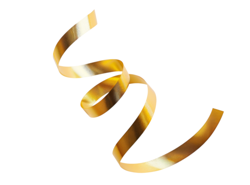 A thin curly gold ribbon for Christmas and birthday present banner isolated against a white background.