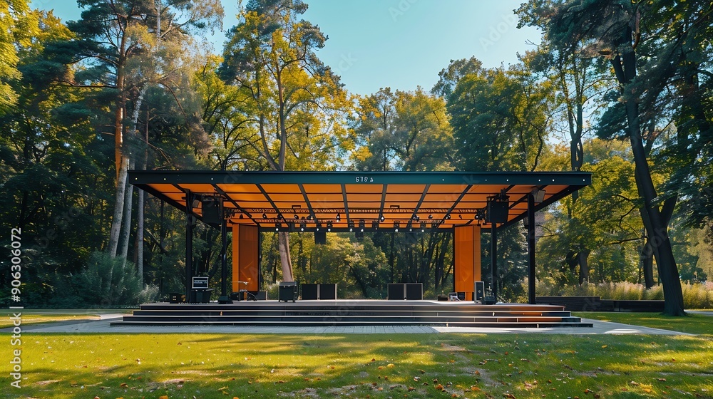 Aufkleber Empty open air stage in a park with a sound projecting roof Akniste Latvia : Generative AI