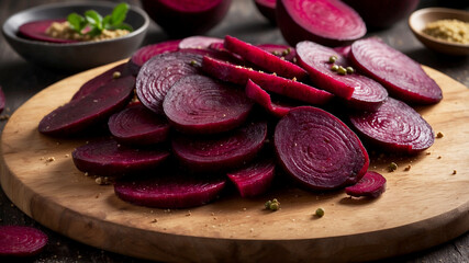 freshly roasted beetroot slices on a wooden cutting board, with their vibrant