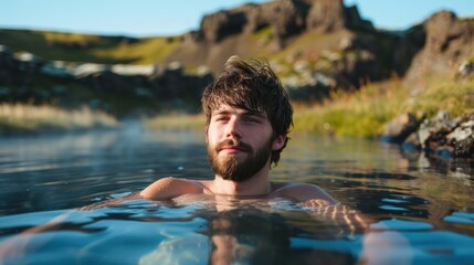 Fototapeta premium A young man enjoys a tranquil soak in a hot spring, surrounded by rugged nature and a serene environment