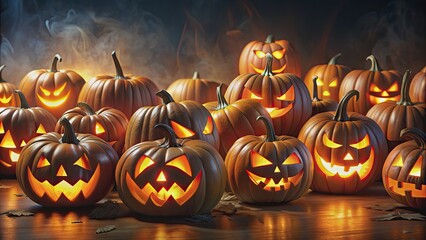 Fototapeta premium Background of spooky Jack O? Lantern pumpkins glowing in the dark , Halloween, pumpkins, Jack O? Lanterns, background, spooky