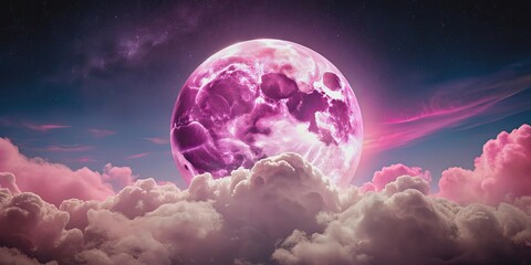 Obraz premium Super snow pink moon shining above a night sky silhouette with clouds , super moon, snow pink, night sky, silhouette, clouds