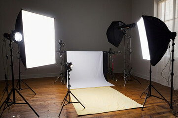 Indoor Studio Photography Setup with Professional Equipment and Lighting