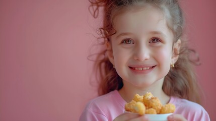 Cheerful beautiful girl smiling while eating nuggets on camera isolated over pink background : Generative AI