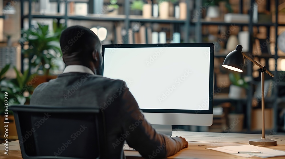 Aufkleber unrecognizable black businessman using computer with empty blank screen sitting at workplace in offi
