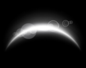 White magic arch with glowing particles, sunlight lens flare. Neon realistic energy flare arch. Silver abstract light effect on a black background. Vector illustration.