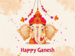 Hindu festival background design illustration for Happy Ganesh Chaturthi on light yellow watercolor background.