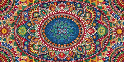 A colorful and intricate Yalanji-Dawali inspired artwork depicting intricate indigenous designs and patterns