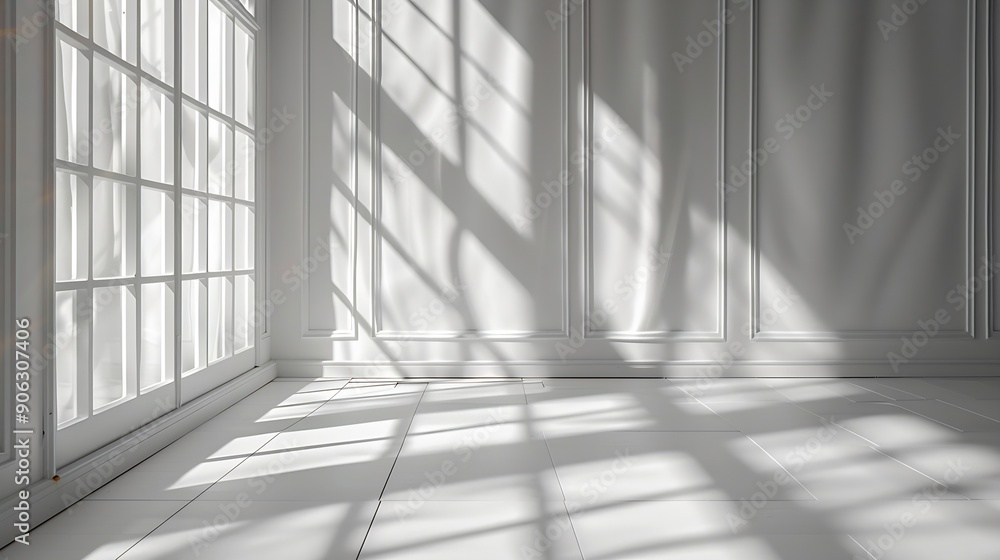 Poster Abstract White Studio Background for Product Presentation with Window Shadows and Sunlight Blurred Backdrop Empty Room With Copy Space : Generative AI