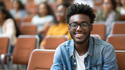 Fototapeta premium Happy african american university student sitting in college lecture hall, smiling with joy