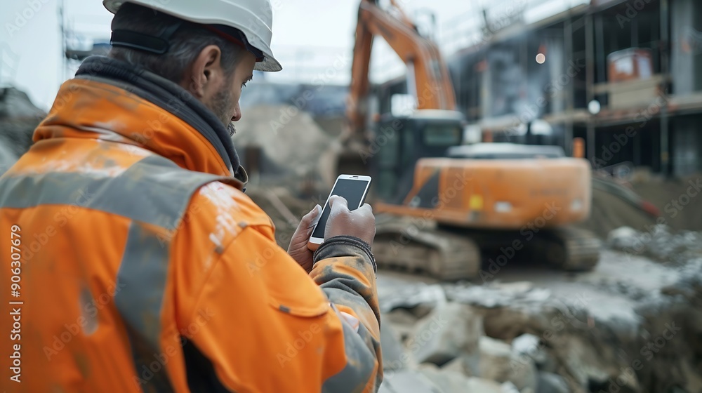 Poster Construction engineer using mobile smart phone on site during inspection selective focus : Generative AI