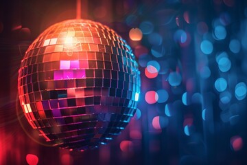 Obraz premium Vibrant disco ball sphere with colorful lights for party nights wallpaper, ample copy space