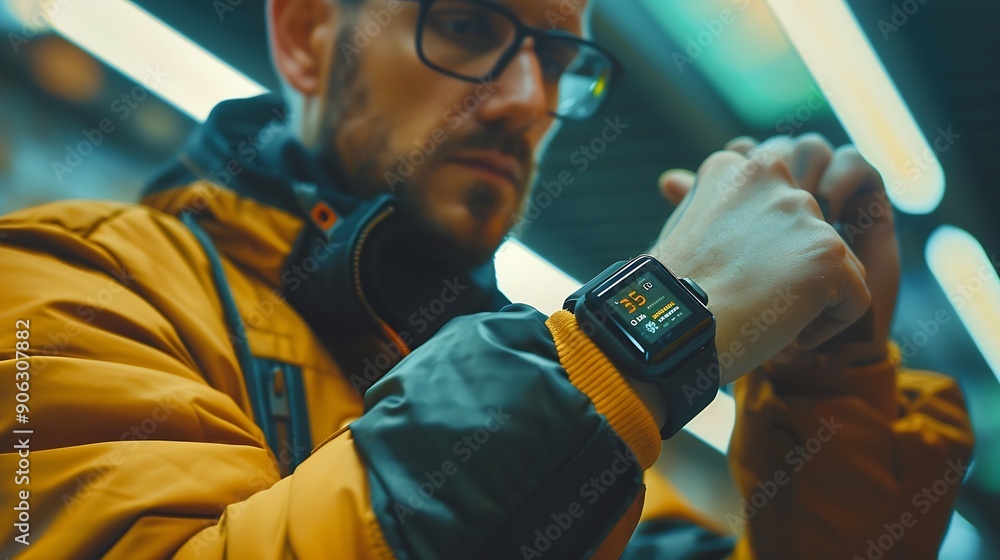 Poster mid adult man using smart watch during training heart monitor beats with wristwatch smart watch or f