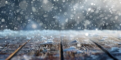 Cold Winter Day with Snow Covered Wooden Plank