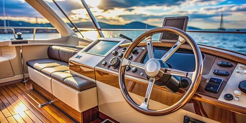 Close-up of steering wheel and navigation system on a yacht, yacht, close-up, steering wheel, navigation system, boat