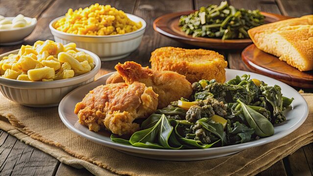 A traditional southern soul food meal featuring succulent fried chicken, collard greens, cornbread