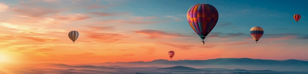 Fototapeta premium Hot Air Balloon Over Scenic Landscape at Sunrise