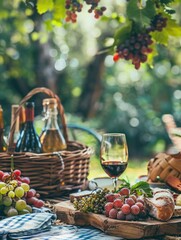 Picnic Setup with Wine Bread and Grapes