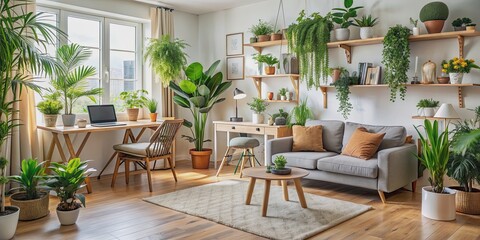 Clean, cozy living room with plants and workspace, cozy, clean, living room, plants, greenery, workspace