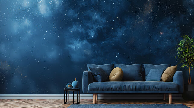 A plush blue sofa with coordinating throw pillows sits in front of a wall mural depicting a night sky filled with stars. The room features a dark wood floor and a black side table with decorative glob