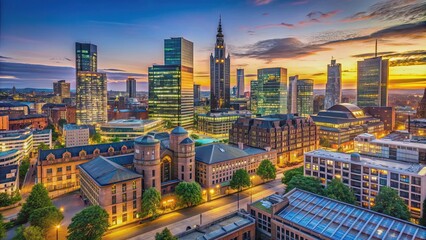 Fototapeta premium Twilight Manchester skyline with illuminated buildings, Manchester, skyline, twilight, illuminated, cityscape