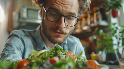 Man make decision between salad and burger Man think and make choice between health food vs fast food Healthy nutrition dieting eating disorder Modern kitchen interior Man look at sala : Generative AI