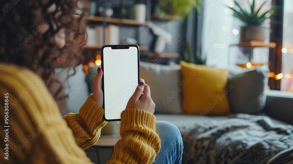 Poster mockup image of a woman holding and using mobile phone with blank desktop white screen at home : gen