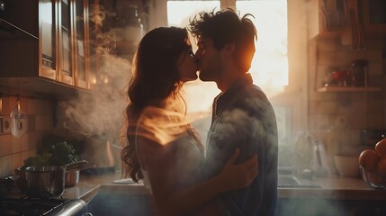 Happy couple cooking and embrace with kiss in kitchen at home for dinner together as partners Married people affection and love or relationship for anniversary celebration in house wit : Generative AI