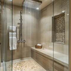 Contemporary Bathroom: Glass-Enclosed Shower with Rainfall Head