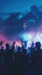 Concert with singer and band performing on lit stage