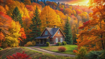 Cozy house nestled in the colorful autumn forest , autumn, house, cozy, nature, fall, woodland, trees, cabin, tranquil