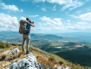 Naklejka premium A hiker capturing the breathtaking panoramic view from a ridge overlooking a vast wilderness landscape