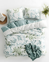 Colorful bed mock up, top view isolated on white background. Blanket and pillows mockup in bedstead