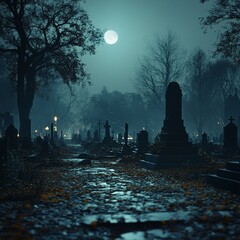 Eerie Halloween Cemetery Scene Generated by AI