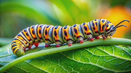 Naklejka premium Close-up of a colorful caterpillar munching on a green leaf in the garden, caterpillar, leaf, eating, green, garden, insect