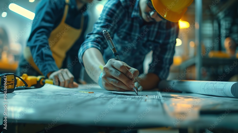 Poster Civil and construction engineers are working on a blueprint drawing with precision to guarantee a flawless result : Generative AI