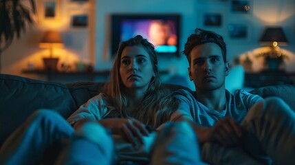 Copy space Young student caucasian couple spending time together on couch sitting in front of tv watching random shows in absolute boredom tired after a long day eating unhealthy food : Generative AI