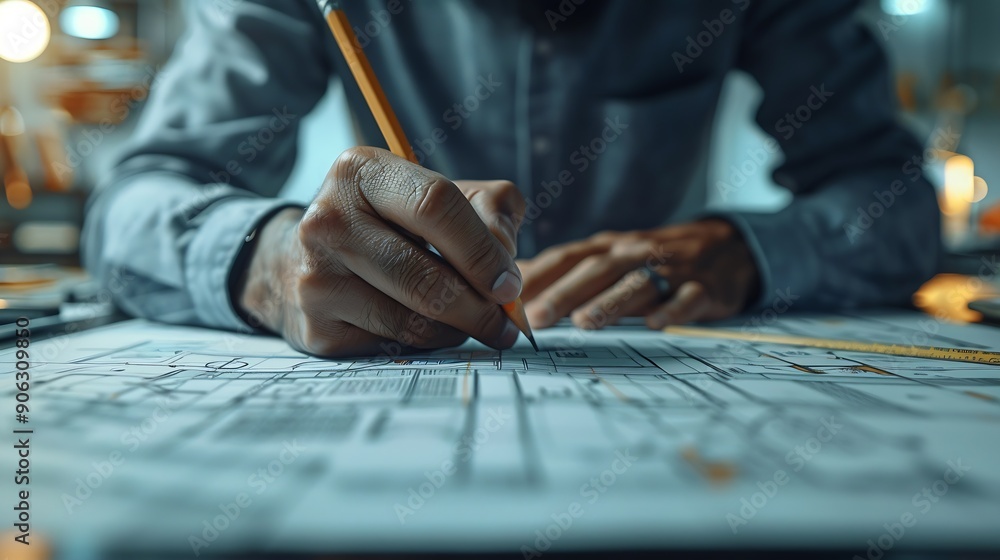 Poster Black man office and drawing on blueprint with pencil for planning a building design layout and project as architect Table construction and engineering person with idea for property re : Generative AI